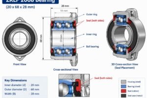 Technical diagram showing the cross-section of a ZKLF 2068 bearing with labeled dimensions 20x68x28mm and seal placement