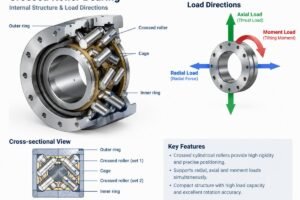 Technical diagram showing the internal structure of a crossed roller bearing with arrows indicating radial, axial, and moment load directions