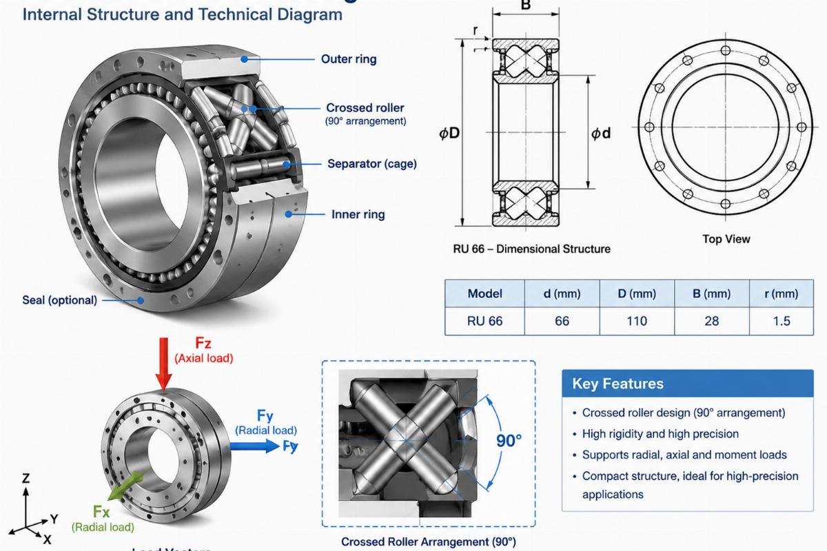 Technical diagram showing the internal structure of a RU 66 crossed roller bearing with labeled dimensions and load vectors