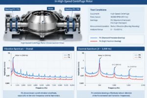 Technical diagram showing vibration spectrum analysis comparing P0 and P4 precision bearings in a high-speed centrifuge rotor