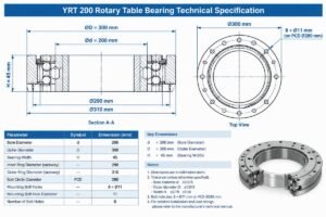 Technical diagram showing YRT 200 rotary table bearing specs including bore OD and width dimensions