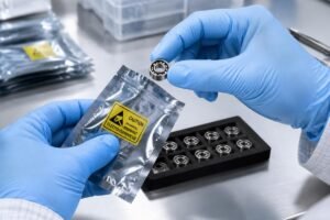 Technician wearing powder-free nitrile gloves carefully removing a miniature bearing from sealed anti-static packaging