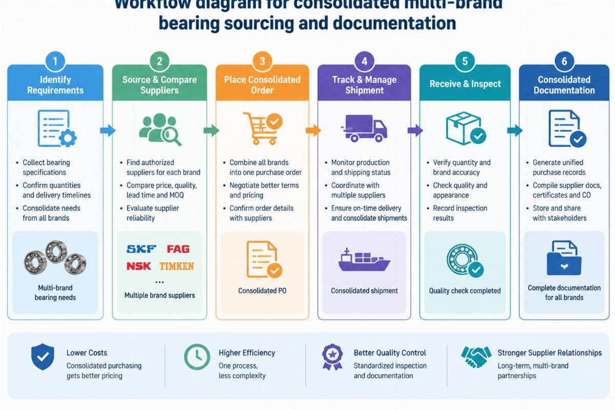 Workflow diagram for consolidated multi-brand bearing sourcing and documentation